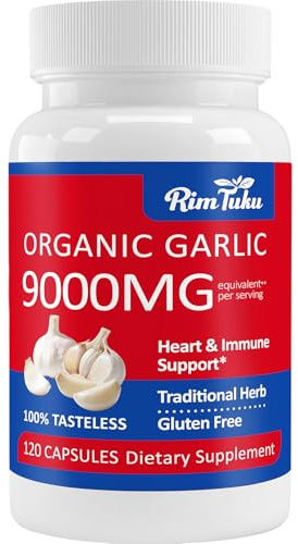 RimTuku Aged Garlic Extract Organic 9000MG Garlic Supplement Powder 30:1 Extract Formula, with Alliin Purity 99%+, Microelement Selenium, Iron, Zinc, and Manganese, 2+ Month Supply, 120 Capsules