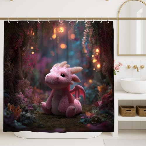 Cortina de ducha de dragón de fantasía, cortina de baño de dragón de felpa para decoración de baño, encantador cuento de hadas moderno, juego de cortina de ducha de tela impermeable con ganchos, 91 x