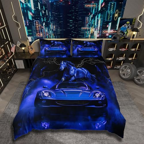 Homemissing Juego de ropa de cama infantil con diseño de coche de carreras, 135 x 200 cm, diseño de caballos en color azul, funda nórdica con 1 funda de almohada, coche deportivo con cremallera