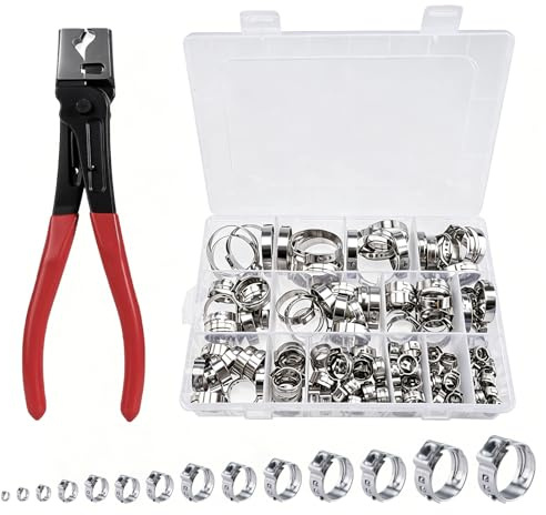 Velicber Juego de 160 abrazaderas de manguera de un solo oído, 14 tamaños 5,3 – 33,1 mm, acero inoxidable 304, sin niveles, con pinzas de sujeción para manguera, para tubería de agua, coche, jardín e