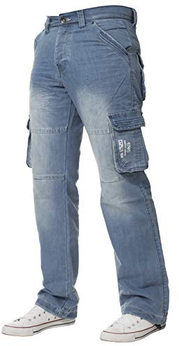 Ze ENZO Pantaloni Jeans Denim Cargo da Combattimento Firmati per Uomo Stonewash Chiaro 36W / 32L