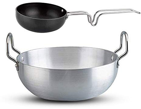 Satre Online And Marketing Aluminium Kadai Deep Pan Size No-13 with Hindalco Aluminium Tadka Pan(Fry Pan) Size No-5 Combo Set of 2,Aluminium Kadai with Tadka Pan,Indian Frying Pan