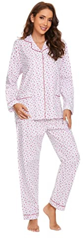 Amaxer Pigiama Donna Cotone Lungo 100% in Flanella Pigiama Invernale Manica Lunga Indumenti da Notte Tuta da Notte e Pantaloni