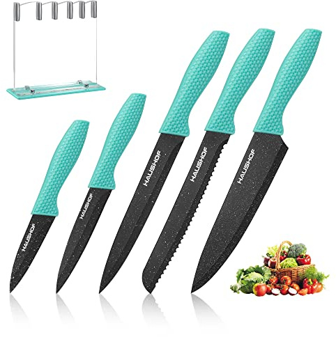 HAUSHOF Kitchen Knife Set, 5 PCS Knife Sets with Arcylic Block, Teflon Coated Green Knives Set for Kitchen, Premium Stainless Steel Knives Set with Ergonomic Handle, Great for Slicing, Dicing&Cutting