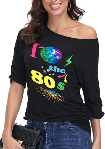 ELFIN 80s T Shirt Fancy Dress Costume for Women Off Shoulder Tops Sexy Lips Printed Casual Jumper Shirts