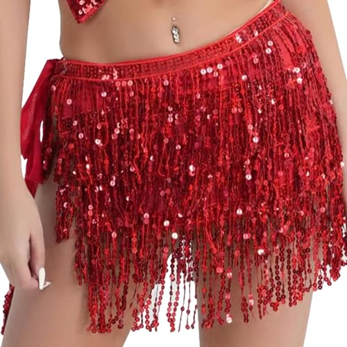 TZQFROCE Pailletten Quasten Rock Glitzer Damen für Bauchtanz - Fransen Kostüm für Frauen und Mädchen - Rot