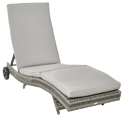 Outsunny Sdraio da Giardino in Rattan PE, Lettino Prendisole con Schienale Regolabile e Cuscino Imbottito, 207x70x70cm, Grigio