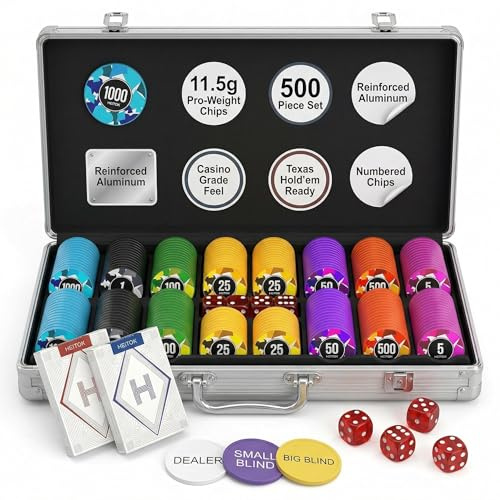 HEITOK Mallette Poker Professionnelle 500 Jetons Numérotés 11,5g avec Valise Aluminium Renforcée – Kit Complet Texas Hold'em Blackjack pour Soirées Casino Adultes