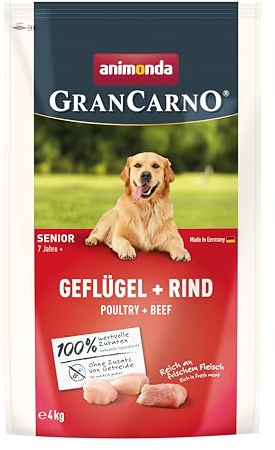 animonda GranCarno Senior Hundetrockenfutter getreidefrei Geflügel + Rind (1 x 4 kg), Trockenfutter für ältere Hunde ohne Gluten und Weizen, Hundefutter trocken mit hoher Bekömmlichkeit