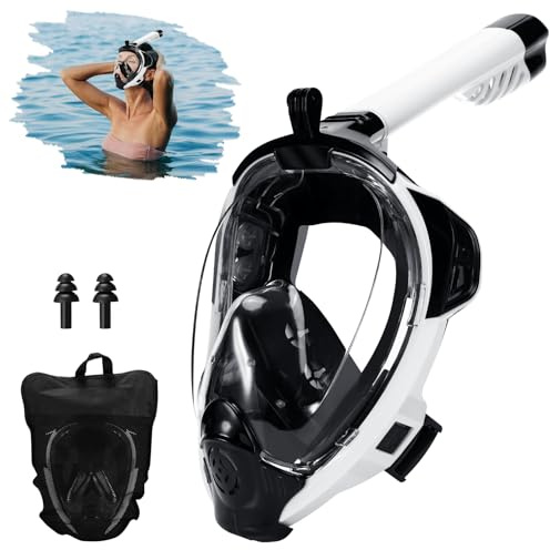 Auauraintt Máscara de Buceo, Máscara de Buceo para Adultos, Vista panorámica de 180° con posición de cámara, Equipo de Snorkel antivaho HD, para Adolescentes y Adultos (Negro/Blanco, S/M)
