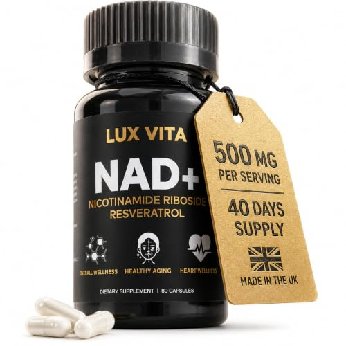 Lux Vita NAD Supplements UK | 500mg Nicotinamide Riboside (NR) + Trans-Resveratrol & Quercetin | Vegan NAD+ for Cellular Energy, DNA Repair & Healthy Ageing | 80 Capsules, 40-Day Supply