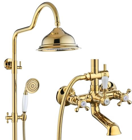 RONMX Duschpelare guld zirkonium, RSS0546 modernt duschset, 8 tum/220 mm duschhuvud, keramiskt handtag, 180° roterande badkarskran, 59A koppar, justerbar höjd