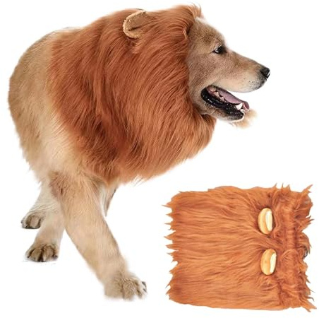 ZYEKIU Lejonmannen-hund, hunddräkt med öron, lejonkostym, hund, verklighetstrogen, hundkostym, justerbar, för halloween, hundutställningar, karneval, cosplay, fester (L, rödbrun)