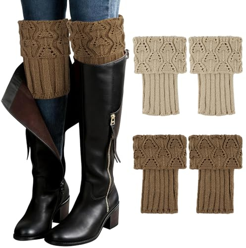 Junely Boot Cuffs for Women Cable Knit Short Leg Warmers Winter Warm Boot Toppers Socks Gifts Brown Khaki