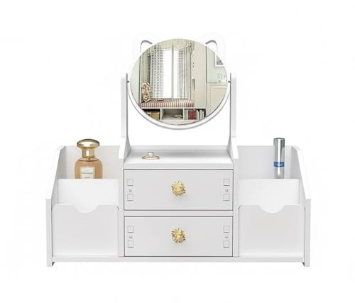 Bdit Organizer per Cosmetici con Specchio 360° – Porta Trucchi Donna con 2 Cassetti e Scomparti – Organizer Make-up da Tavolo Elegante e Moderno – Cassettiera Porta Gioielli Bianca Regalo Beauty