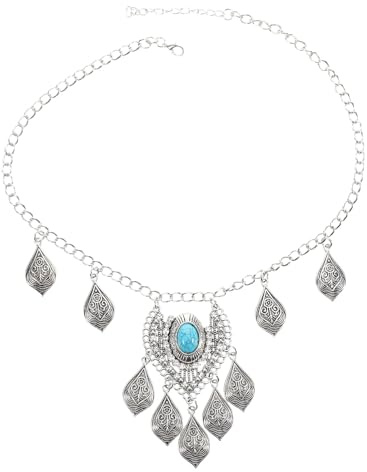 Cabilock Chaîne Frontale à Pompons Turquoise en Métal Argenté Bandeau Ethnique Ornement de Tête pour Femmes Bijou de Tête Long avec Pendentif Décoratif Accessoire Coiffure pour Mariage
