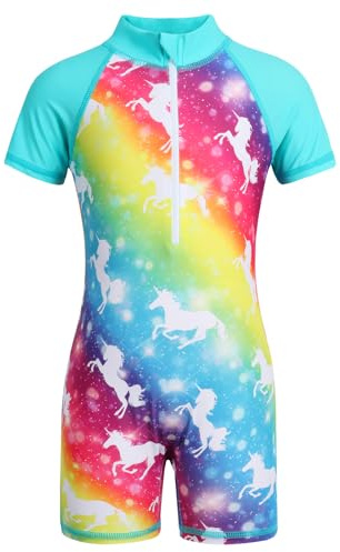 AmzBarley Girls Swimming Costume Kids One Piece Swimsuit Swimwear Zipper Swimsuits Short Sleeve Surfing Rash Guard Rainbow Age 7-8 Years Size 130
