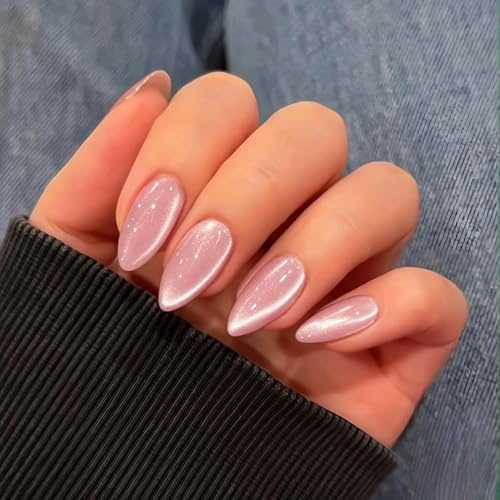 KQueenest Cat Eye Press on Nails Almond Medium, Glazed Glitter Baby Pink False Nails Medium, Shiny Bling Pink Acrylic Fake Nails Set Sparkly Stick on Nail for Women Summer Daily Finger Wear 30 Pcs
