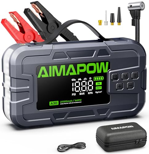 Avviatore Batteria Auto 9000A con Compressore 160PSI,Booster Batteria Auto 12V per Tutti i Motori Benzina e Diesel 12L,Avviatore Emergenza Auto con Display LCD 4.2, Torcia 600LM （Green）