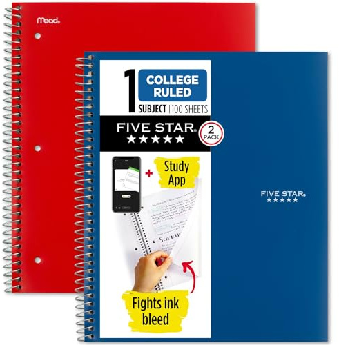 Five Star Spiral Notebook + Study App, 2 Pack, 1 Subject, College Ruled Paper, 100 Sheets, 8-1/2 x 11, Pacific Blue, Fire Red (38452)