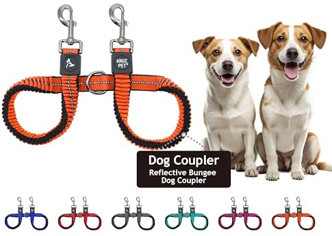 Kruz Double Dog Leash for Two Dogs (Width - 3/4”, Length 17”-34”) Dual Leash Coupler with Tangle-Free Swivel, Shock-Absorbing Reflective Bungee for Comfortable Walking & Training (Orange, Medium)