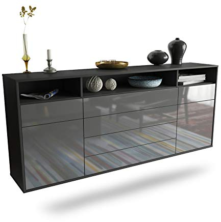 Dekati Sideboard Bellevue hängend (180x77x35cm) Korpus anthrazit matt - Front Hochglanz Grau - Push to Open - Leichtlaufschienen
