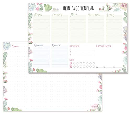 paper&you® A5 Wochenplaner Block Kakteen 50 Blatt inkl. Notizblock auf der Rückseite - nachhaltig & klimafreundlich
