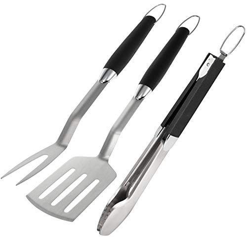 bremermann Set di posate per barbecue, 3 pezzi, pinza, paletta, forchetta per carne, accessori per barbecue in acciaio inox con impugnatura morbida
