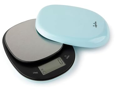 Jata HBAL1202 - Báscula de Cocina Digital, Alta resistencia, Alta precisión, Hasta 5 kg, Pantalla LCD, Función tara, Incluye Pilas y Tapa, Medidas: 14 x 17,5 x 2,7 cm