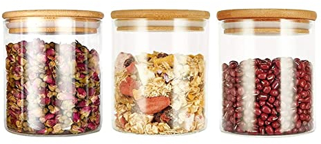450ml Glass Jars with Bamboo Lids, Air Tight Kitchen Food Cereal Containers for Storage,Sealed jar with bamboo lid.(3pcs)