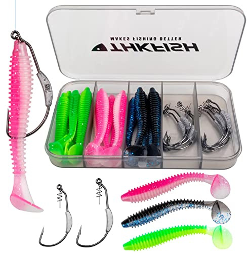 THKFISH Ami da Pesca gancio Twist-Lock Weedless Appesantiti Swimbait per Plastica Morbida Acqua Salata Acqua Dolce 25PZ