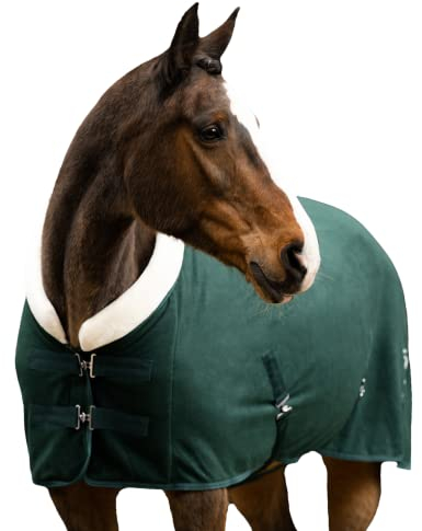 EQUILYX® Abschwitzdecke Pferd mit Teddy-Kragen und abnehmbaren Kreuzgurten [perfekte Passform] Fleecedecke Stalldecke Transportdecke wärmend feuchtigkeitsabsorbierend atmungsaktiv (Opalgrün, 165cm)