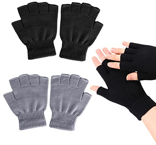 ZOCONE 2 Pares de Guantes Sin Dedos de Punto de Invierno Para Hombres y Mujeres, Negro y Gris, Elásticos Cálidos Para Adultos y Menores, Talla Única