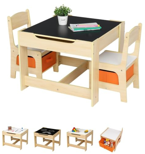 LEADZM Bureau pour Enfants, Table Enfant 3-en-1 avec 2 Chaises (3 pièces), Table à Dessin avec Espace de Rangement en Bois - Polyvalente pour Manger, Étudier et Jouer（Nature）