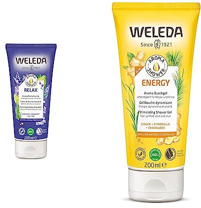 WELEDA - Gel Douche Dynamisant Aroma Energy - Aux Huiles Essentielles - Formule 100% Naturelle - Tube 200 ml & Crème de Douche Relaxante Aroma Relax - Aux Huiles Essentielles - Tube 200 ml