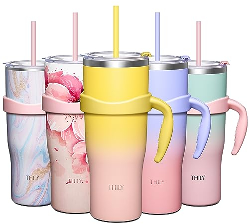 THILY 1180 ml isolierter Becher mit Griff – Kaffee-Reisebecher aus Edelstahl mit Deckel und Strohhalmen, hält Getränke 34 Stunden lang kalt oder 12 Stunden heiß, BPA-frei, Sonnenuntergang