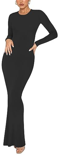 REORIA Damen Sexy Lounge Kleid mit Rundhalsausschnitt Elegante langärmlige gerippte figurbetonte Maxikleider Schwarz M