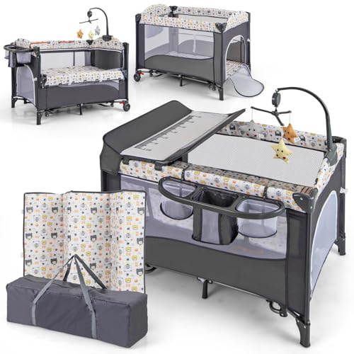 COSTWAY 5 en 1 Cuna de Viaje para Bebé con Colchón, Parque Infantil para Bebés con Cambiador de Pañales, Caja de Música y Juguetes Colgantes, Cuna Bebe con Bolsa de Almacenamiento (Gris)
