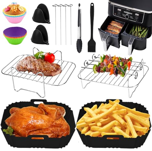ARNTY Accessoires Air Fryer Dual 9,5L, 14 PCS Double Zone Accessoire Convient pour Ninja Foodi AF400EU, AF300EU, Innsky, Princess Accessoires Pour Friteuses à Air Double 7,6 L-9,5 L