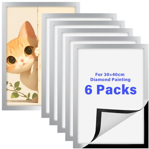 ROYUEXT 6 Pcs Magnetic Photo Frames Self Adhesive Magnetic Picture Frame, Diamond Painting canvas Frames,Inside Size 25x35cm, Diamond art Frame for Paintings, Photos,Certificate, Poster (Silver)