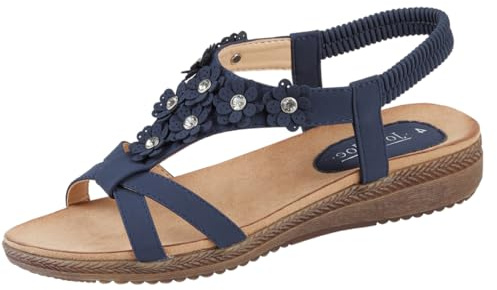 Jo & Joe Ladies Flower Diamante T-Bar Low Wedge Slingback Sandals - Naples- Navy - UK 6