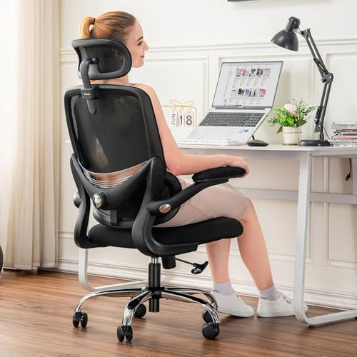 TONFARY Ergonomischer Bürostuhl für Zuhause, hoher Netzrücken, mit Verstellbarer Lendenstütze, klappbare Armlehnen, abnehmbares Kopfstütze, drehbarer Gaming-Stuhl, platzsparend, 150KG (Schwarz)