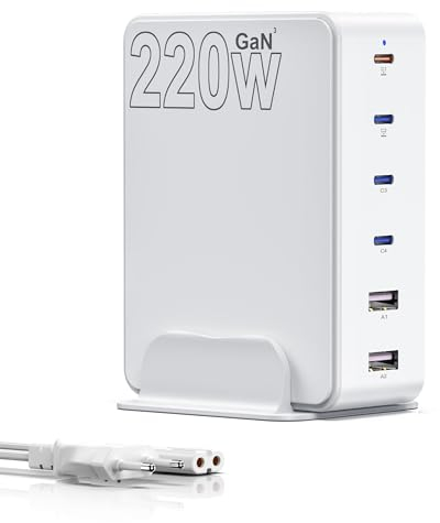 Caricatore USB C Multiplo 220W, layajia GaN III 6-Port Caricabatterie USB C Ricarica Rapida 100W con Laptop, Alimentatore USB Multipla Stazione di Ricarica iPad, iphone 16, Sumsung, Pixel