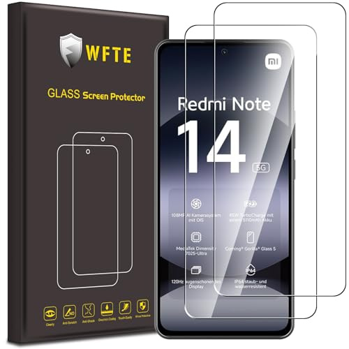 WFTE [Lot de 2 Verre Trempé pour Xiaomi Redmi Note 14 5G/4G, 0,26mm Film de Protection D'écran avec Haute Transparence à 99%, Anti-trace Protecteur avec Dureté 9H Glass