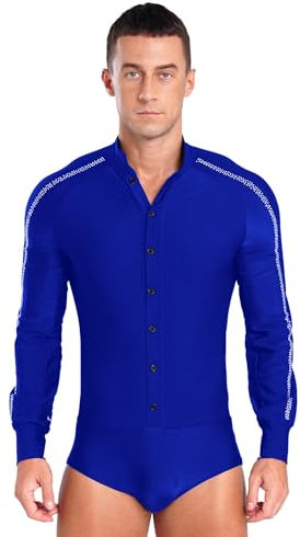 JEATHA Herren Latein Hemdbody Langarm Oberteil Hemd mit Knöpfen Ballettanzug Ballett Trikot Gymnastik Leotard Moderne Tanz Kostüm Blau S