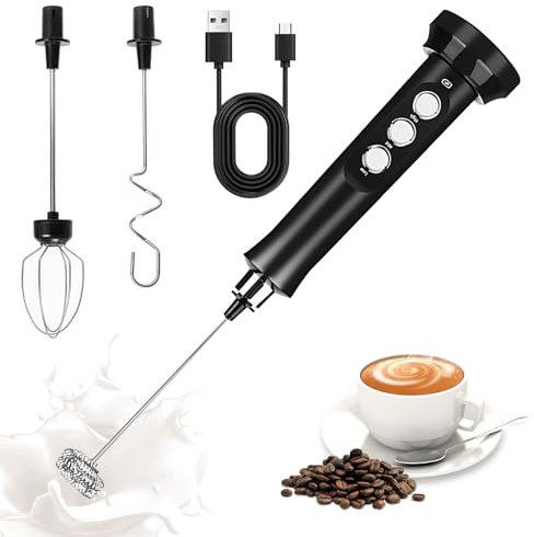 Milchaufschäumer Stab mit 3 Quirl, Wiederaufladbarer Milchaufschäumer Elektrisch Stab, Milchaufschäumer USB Aufladbar, Milchschäumer Milk Frother, für Latte Matcha-Tee Cappuccino