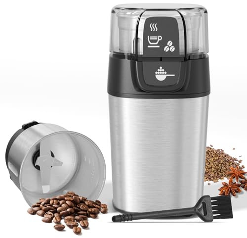 QEXREED Macina Caffe' Elettrico 200W, Macinacaffè Elettrico con Contenitori Rimovibili in acciaio inossidabile, 70g Capacità, per Chicchi di Caffè, Spezie, Cereali, Pepe, Noci