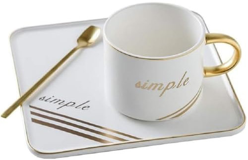 Huiyiwert Taza de café de porcelana con platillo y cuchara, 200 ml, juego de tazas de capuchino con platillo, juego de café con leche, espresso, moca (blanco)