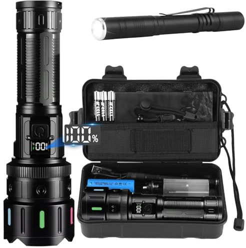 Lampe Torche LED Ultra Puissante, 1200000 Lumen Lampe de Poche Rechargeable avec Batterie 5000mAh,Lampe Torche Puissante de Zoomable 5 Modes, IP67 Étanche Torche Tactique pour Camping Randonnée Pêche
