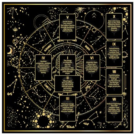 BOXOB Tarot Tablecloth, 24.8x24.8in Altar Table Cloth Divination Double-Sided Square Prints Cover Mat for Cards Reading, Witchcraft, Crystals, Spiritual Rituals Supplies Accessories(Black & Gold)